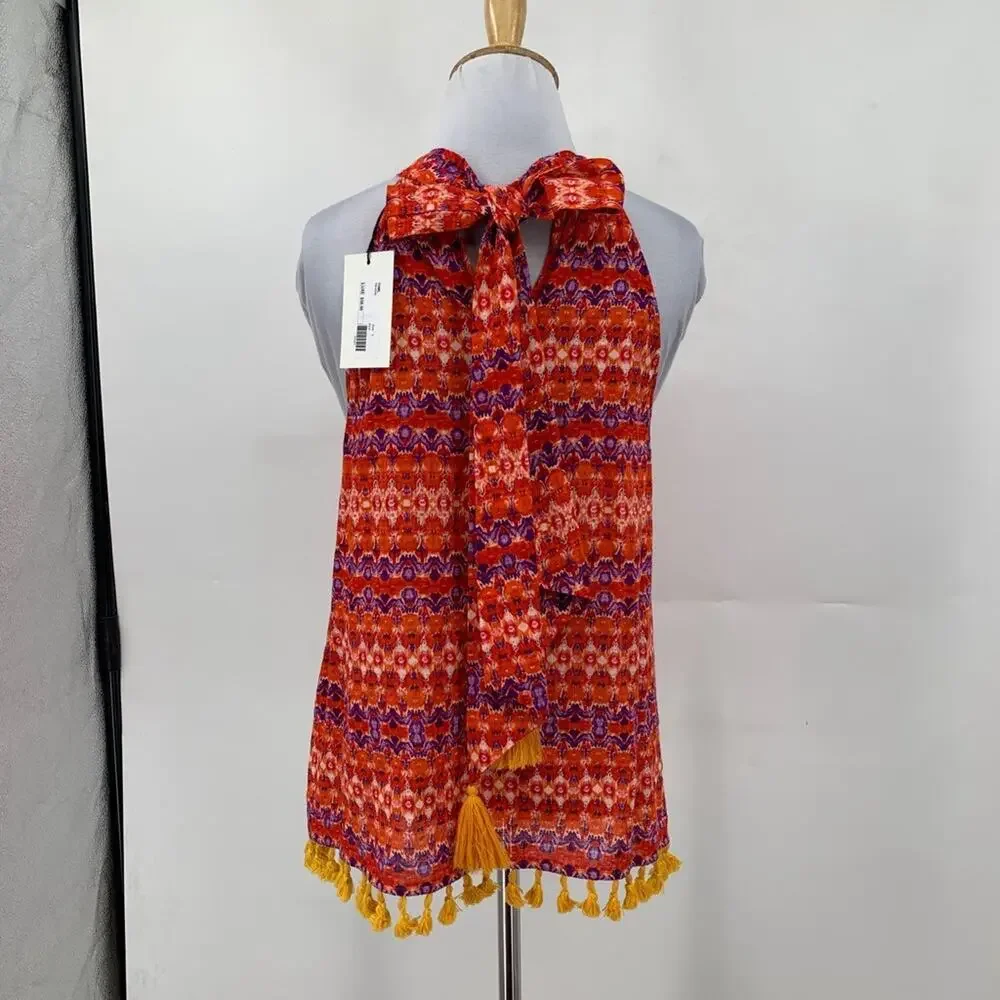 THML Top Womens S Small Red Orange Multi Halter Big Bow Tie Back Tassels Hem